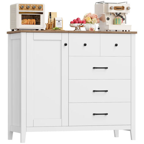 Sideboard 100×94×40 cm buffet de cuisine 5 tiroirs 1 porte meuble de rangement salon entrée blanc (1/5)