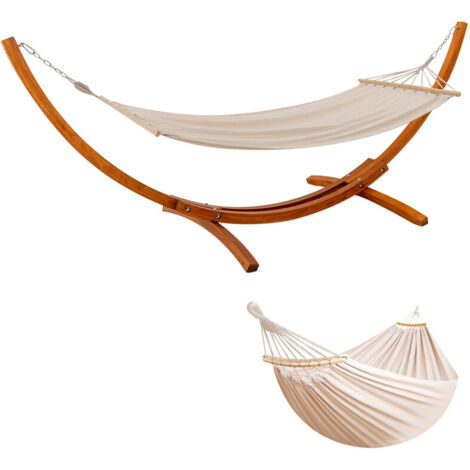 Hamac double avec support en bois – Toile interchangeable, surface de couchage 200 × 150 cm, ensemble hamac double, capacité jusqu’à 150 kg (1/5)