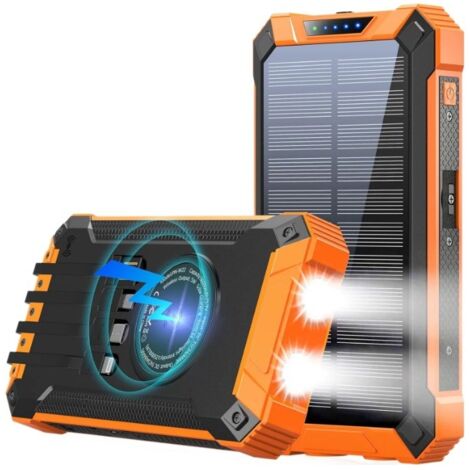 20000mAh multifonctionnel batterie d'énergie solaire puissance Mobile batterie de charge rapide avec 4 câbles chargeur sans fil lampe de poche LED (Orange) (1/5)