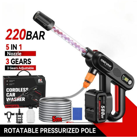 Pistolet de lavage haute pression 220 BAR 5 en 1 sans brosse – 3 vitesses, électrique 18 V compatible batteries Makita, Sans batterie (1/5)