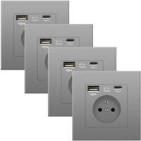 Lot de 4 Prises Murales avec USB & Type-C, 5V 2.1A, Prise Électrique Universelle avec Protection Contre Surintensités, 86 mm, Gris
