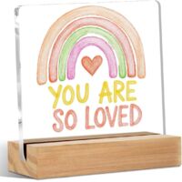 Panneau en acrylique à cœur arc-en-ciel pour décoration de bureau, panneau de décoration avec citations inspiratrices en acrylique avec support en bois pour chambre de fille, nursery, salle de jeu, ét
