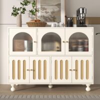 Kücheninsel und Küchenwagen mit Steckdosen,abnehmbarem Servierwagen,Weinregal und Holzmaserung in elegantem Weiß für funktionale Küchenpflege.