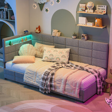 Lit d'angle capitonné 90x200cm avec éclairage LED et port USB-C, lit de jour en L avec 2 tiroirs et étagère de rangement, lit fonctionnel à lattes, revêtement en lin gris, matelas non inclus