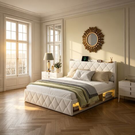 Lit capitonné 160x200 cm avec espace de rangement et éclairage LED, lit en velours peluche avec fonction de chargement USB-C, lit fonctionnel avec étagère de tête de lit et compartiments latéraux, bla