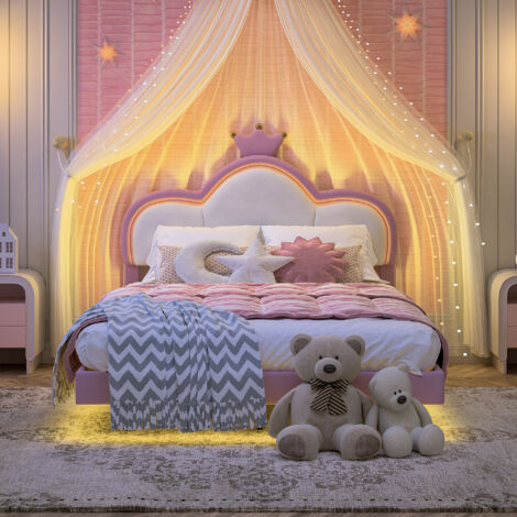 Lit simple capitonné 140x200 cm pour enfant, lit fille avec éclairage LED et application de contrôle, lit enfant design nuage, tête de lit réglable en hauteur, velours rose et blanc
