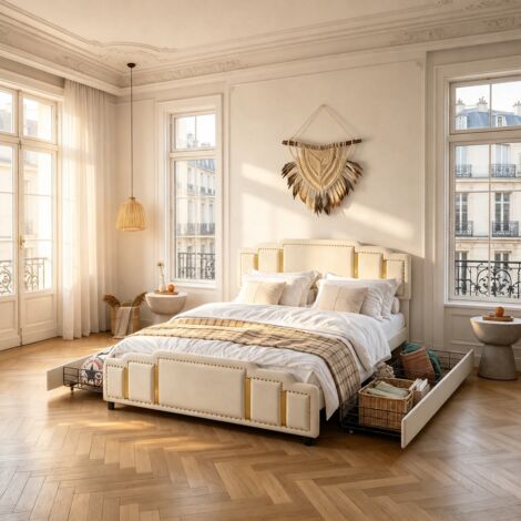 Lit capitonné 160x200 cm avec 4 tiroirs et éclairage LED, lit double moderne avec finitions dorées, lit fonctionnel avec synchronisation musicale et contrôle par application, aspect lin beige, matelas
