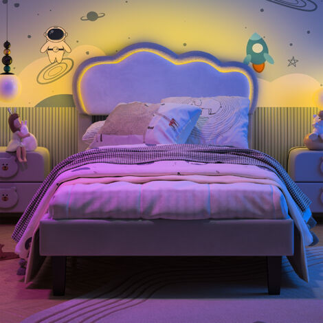 Lit simple capitonné 90x200 cm pour enfant, lit fille avec éclairage LED et application de contrôle, lit enfant design nuage, tête de lit réglable en hauteur, velours gris et blanc