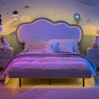 Lit simple capitonné 140x200 cm pour enfant, lit fille avec éclairage LED et application de contrôle, lit enfant design nuage, tête de lit réglable en hauteur, velours gris et blanc