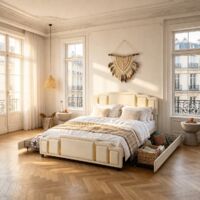 Lit capitonné 160x200 cm avec 4 tiroirs et éclairage LED, lit double moderne avec finitions dorées, lit fonctionnel avec synchronisation musicale et contrôle par application, aspect lin beige, matelas