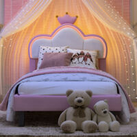 Lit simple capitonné 90x200 cm pour enfant, lit fille avec éclairage LED et application de contrôle, lit enfant design nuage, tête de lit réglable en hauteur, velours rose et blanc