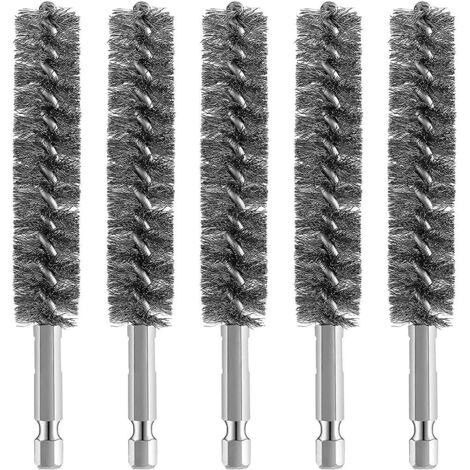 5 Stück Edelstahl-Bohrbürste, Drahtbürste für Bohrerreinigung, Drahtbürste, Edelstahlbürste mit Sechskantschaftgriff, für Metall und Stein, Drahtbürste für Bohrer, Rohrbürste für Kessel/Heizung, Silbe