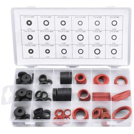 141 Stück Gummi-Unterlegscheibendichtung und Faserdichtung, flache Dichtung in 18 Größen, Unterlegscheiben-Sortiment für Wasserhahn, Ventil, Pumpe, Sanitär – Schwarz und Rot (1/5)