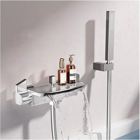 Wandmontierte Badewannenarmatur mit Handbrause, Wasserfall-Badmischer aus Messing, regulierbares Warm- und Kaltwasser, 2 Funktionen – glänzend silber