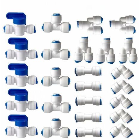 Umkehrosmose-Wasserfilteranschluss, 1/4" (6 mm) Steckanschluss für Wasserfilterschläuche, Kühlschrankanschlüsse (Y + T + I + L Kombinationsventil + Absperrventil) 25 Stück (1/5)