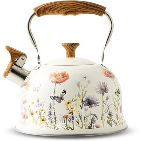 Wasserkessel aus Edelstahl (3L), Flötenkessel mit Einklappgriff, Wasserkocher für Induktion und Gasherd, Teekessel für Tee und Kaffee, Alle Kochplatten, (Weiß und Violett)
