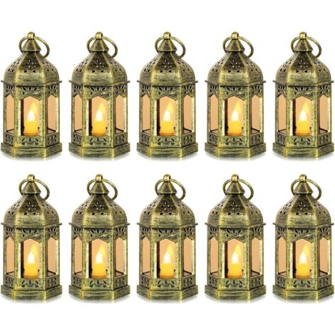 Romadedi Mini-LED-Laterne für den Außenbereich – Set mit 10 dekorativen goldenen Kerzenlaternen, Kerzenhalter für Halloween, Hochzeit, Weihnachten, Tischdekoration, Batterien im Lieferumfang enthalten