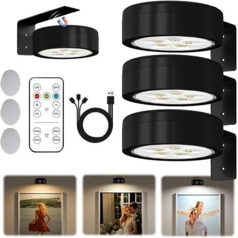 Bildbeleuchtung Kabellos mit Fernbedienung, 3 Stück Magnetisches LED Bilderleuchte Dimmbar & Wiederaufladbar, Bild Licht 3 Lichtfarben, Bilderrahmen Licht, Bilderlampe für Wand, Regal, Bilder
