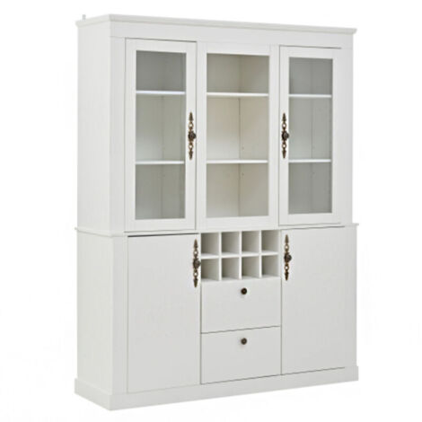 13037.5170.5cm Vitrine, Standvitrine mit 2 Schubladen 4 Schranktüren, Glasvitrine mit LED, Wohnzimmerschrank 130 cm breit, Multifunktionsschrank mit 8 Weinregal, Großer Schrank, Weiß