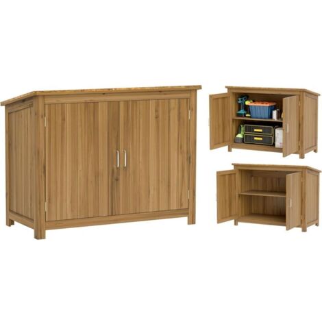 Gartenschrank Holz, Geräteschuppen wetterfest 110x50x85cm, Gerätehaus mit Tür, Pultdach, Ablagen, Geräteschrank, Gartenhaus Werkzeugschrank Gartenschuppen für Garten Terrasse Hinterhof, Braun (1/5)