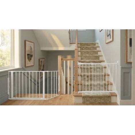 Safetots Barrière de Sécurité Enfant Escalier, Blanc, Système Multi-Panneaux jusqu à 128cm, Fixation à Vis 67-105,5cm
