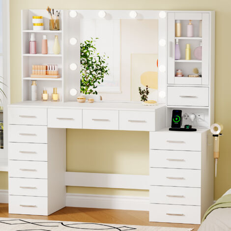 Großer Schminktisch mit Spiegel, verstellbarer LED, Steckdose und USB-Anschluss, 15 Schubladen, 135 x 40 x 140 cm, Weiß