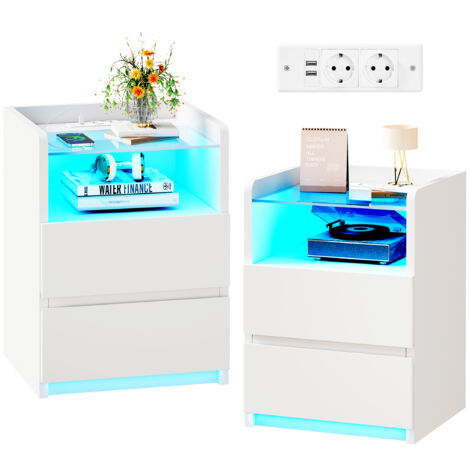 Tables de chevet, lot de 2 ,  LED réglable, prise de courant et port USB,Tiroirs et compartiment Ouvert,Blanc