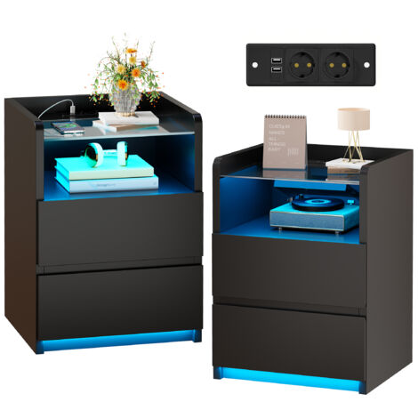 Nachttische, 2er-Set, verstellbare LED-Beleuchtung, Steckdose und USB-Anschluss, schwarz