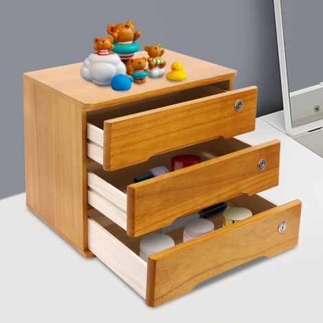 Boîte de rangement à trois niveaux pour bureau Organisateur de bureau à tiroirs en bois Armoire de rangement verrouillable à 3 niveaux 40 × 28 × 31 cm (1/5)