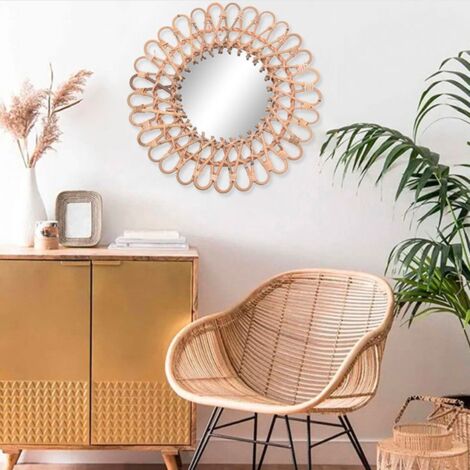 Miroir décoratif en bois et rotin de 20 cm Miroir mural rond pour décorer le couloir Dimensions totales : 40 cm Livré avec des punaises sans traces (1/5)