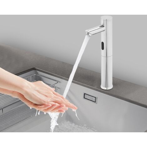 Robinet de lavabo sans contact avec capteur infrarouge Robinet à détection de mouvement Robinet de lavabo Robinet de cuisine Corps chromé (32 cm)