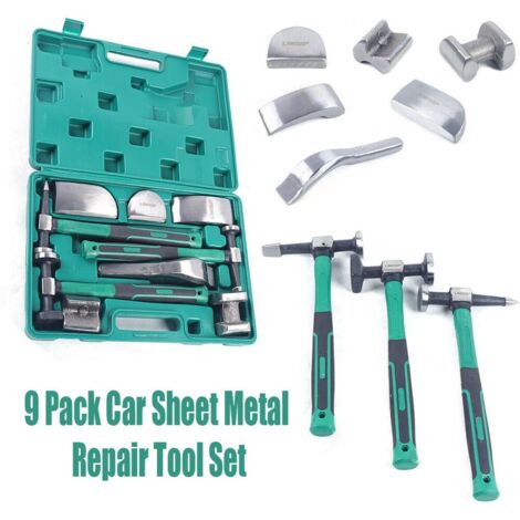 Ensemble de 9 panneaux de carrosserie automobile Outils de réparation de tôlerie automobile avec poignée verte Ensemble de marteaux à aileron et plateaux Ensemble d'outils de réparation de tôlerie
