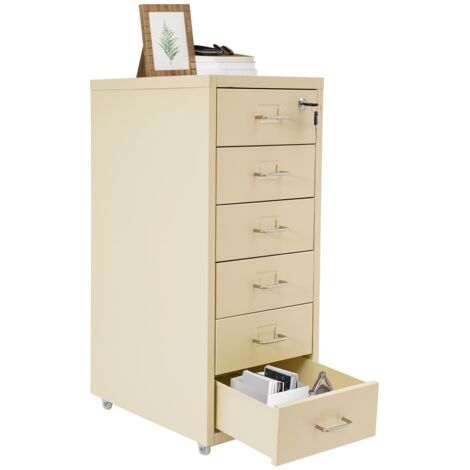 Classeur à 6 tiroirs avec serrure, classeurs métalliques pour bureau à domicile, classeur vertical, classeur à roulettes - Assemblage requis (beige)