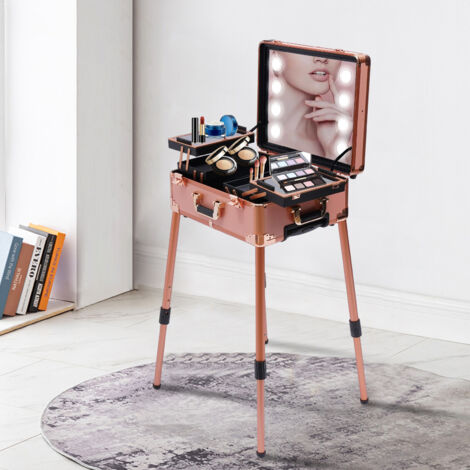 Trousse de maquillage, table de maquillage avec 4 roulettes, éclairage et miroir, station de maquillage professionnelle, panneau de recouvrement et plateaux extensibles faciles à nettoyer, pieds régla (1/5)