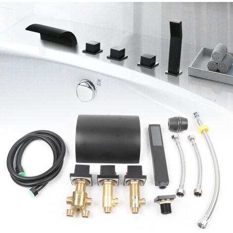 Robinet de baignoire Waterfall Black Bath Edge 5-Hole Bath Edge Tap Rainshower Hand Shower Set Bathroom Shower Mixer Tap (1/5)
