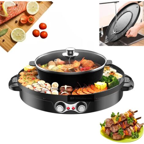 Hot Pot - Poêle de fête 2 en 1 multifonction - Double séparation - Barbecue coréen - Barbecue électrique sans fumée à l'intérieur pour un nettoyage facile - Noir (1/5)