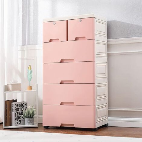 Commode à tiroirs en plastique, 6 tiroirs, armoire à vêtements en plastique, armoire de rangement à 4 roulettes, pour vêtements, salle de jeux, chambre à coucher.(Rose) (1/5)