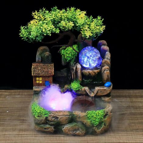 Fontaine de table d'intérieur en polyrésine avec éclairage LED, fontaine cascade de bureau avec décor rocaille pour salon, chambre à coucher, bureau, café