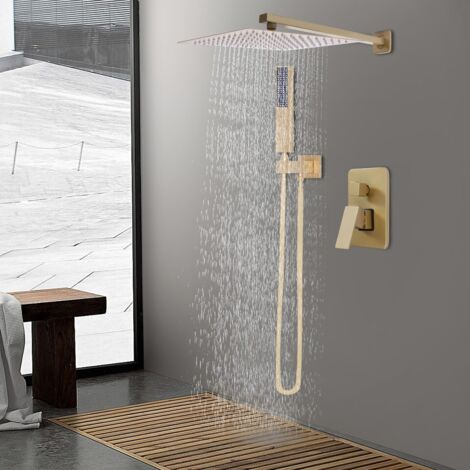 Système de douche 12 pouces Ensemble de douche carré doré Ensemble de douche pour salle de bain Douche de tête Douchette à main