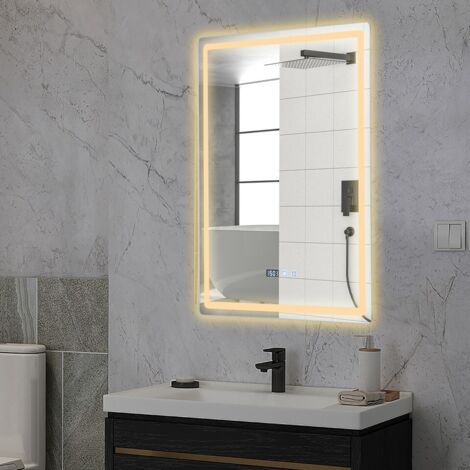 Miroir de salle de bain à LED, miroir à luminosité réglable, miroir de salle de bain avec éclairage, affichage de l'heure et de la température, miroir de salle de bain anti-buée. (1/5)
