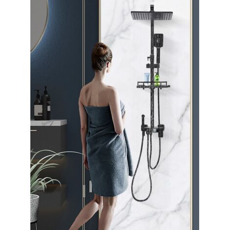 Système de douche, douchette chaude et froide avec écran d'affichage, ensemble de douche avec panier suspendu Douche à effet pluie, système de douche avec douchette à main, noir (1/5)