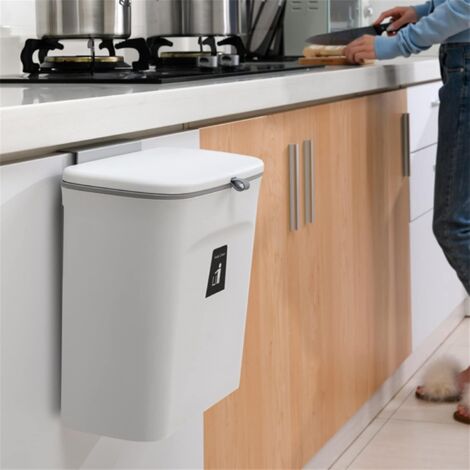 Poubelle De Cuisine Suspendue, 9L Poubelle De Cuisine Porte d'Armoire Collecteur De Déchets Avec Couvercle Poubelle à Compost Pour Cuisine Bureau Salle De Bains Salon (Blanc)