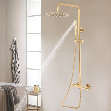 Ensemble de douche thermostatique rond doré de 25 cm, ensemble complet de douche en acier inoxydable, système de douche avec thermostat et pomme de douche à effet pluie, fonction anti-calcaire