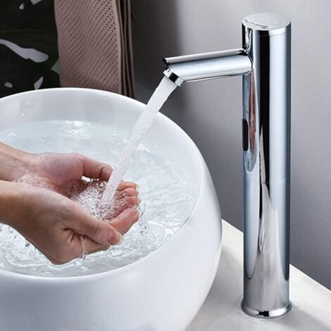 Robinet de lavabo à capteur pour salle de bain - Mitigeur automatique - Robinet à capteur infrarouge - Robinet de cuisine sans contact - Corps chromé (20 cm)