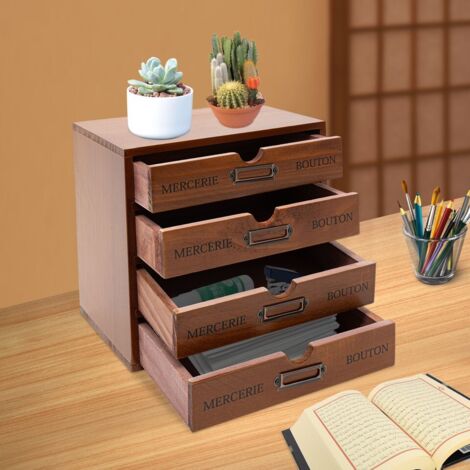 Boîte de rangement à 4 tiroirs, étagère à tiroirs en bois, rangement de bureau, étagère de rangement pour cosmétiques et bijoux. (1/5)
