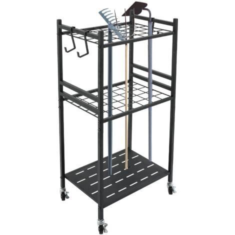 Organisateur de jardin à roulettes, étagère de rangement pour garage, pouvant contenir jusqu'à 35 outils à long manche, support métallique robuste en acier avec 3 crochets, pour l'extérieur, noir (1/5)