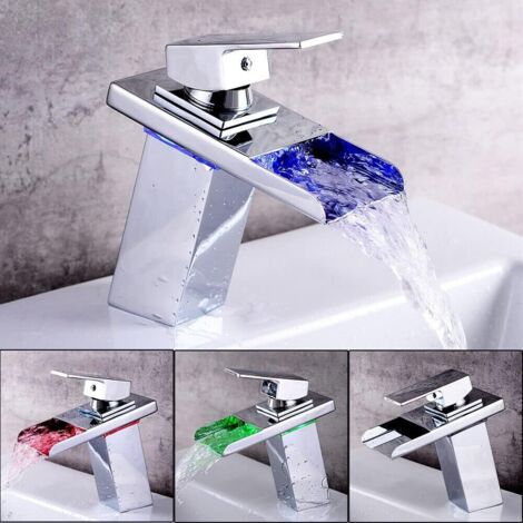 Robinet de lavabo lumineux à LED en verre cascade 3 couleurs changeantes éclairage RVB Robinet mitigeur de salle de bain Robinet mitigeur monocommande (1/5)