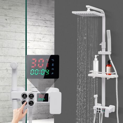 Système de douche blanc avec thermostat Ensemble de douche en acier inoxydable avec robinetterie Douche à effet de pluie avec robinet et 4 types de jets Tête de douche Colonne de douche Ensemble de do (1/5)