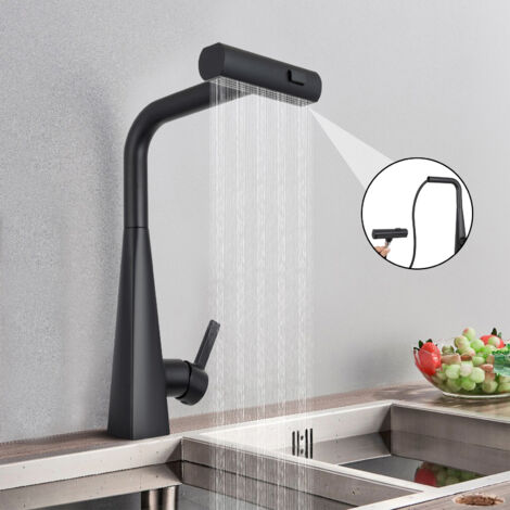 Robinet de cuisine G3/8", pivotant à 360 degrés, robinet d'évier extractible avec tuyau rétractable, robinet de lavabo cascade, noir (1/5)