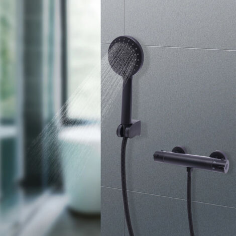 Mitigeur de douche thermostatique avec bouton de limitation de température à 38 °C, ensemble de mitigeur de douche avec douchette à main, ensemble de mitigeur pour baignoire et douche, noir (1/5)